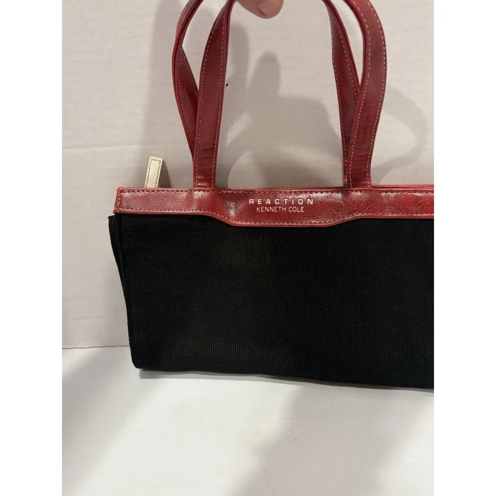 Kenneth Cole Reaction Black Canvas Red Leather Mini Tote Shoulder Bag Zip Top